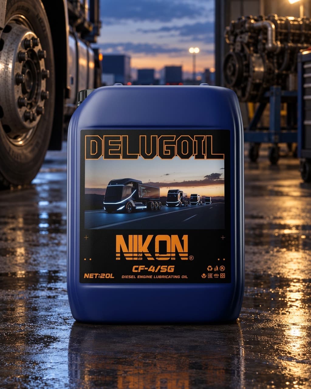NIKON CF-4/SG diesel engine lubricating oil, blue 20L jerrycan with an orange and black label
