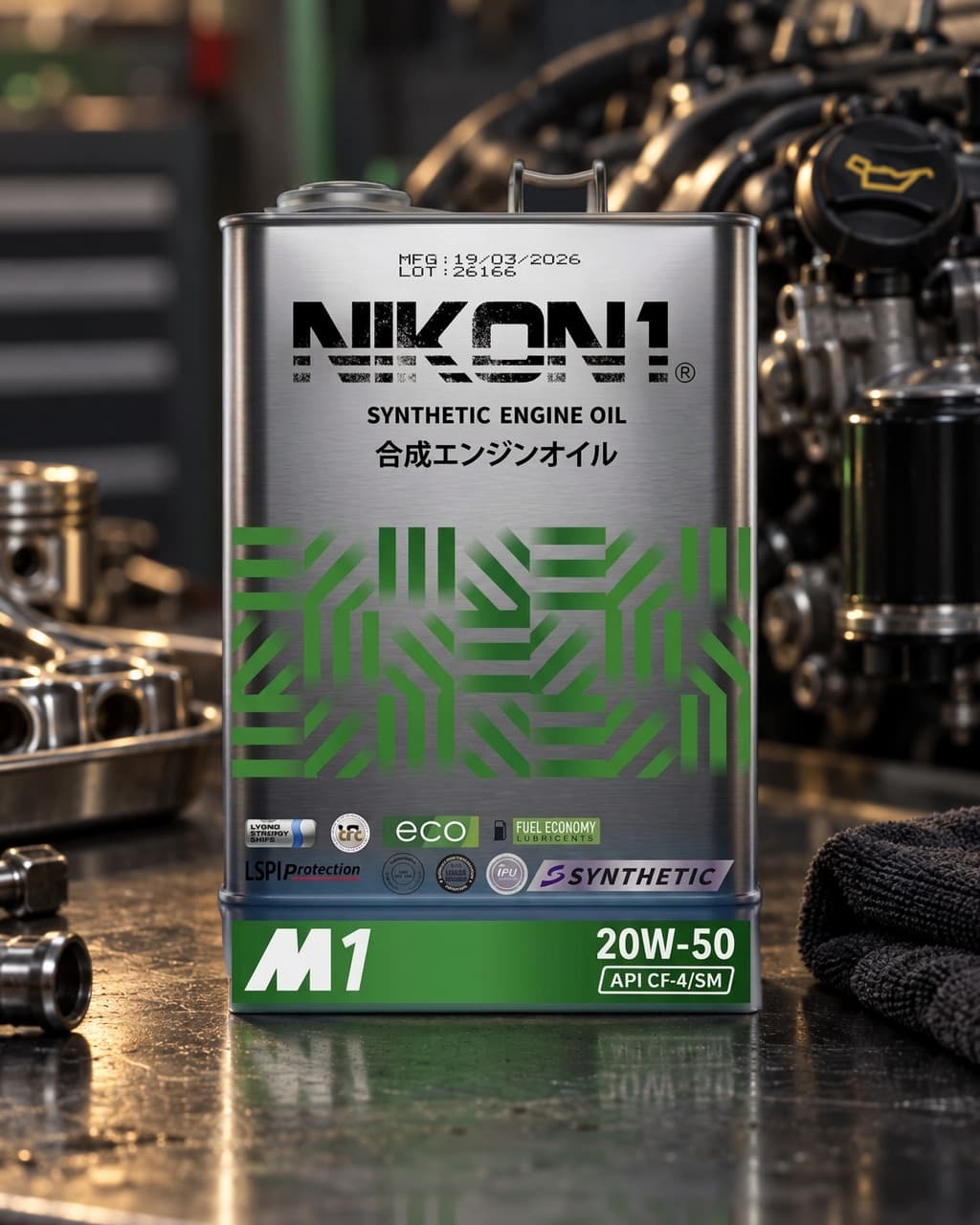 NIKON1 M1 20W-50 synthetic engine oil tin with a green label band, API CF-4/SM