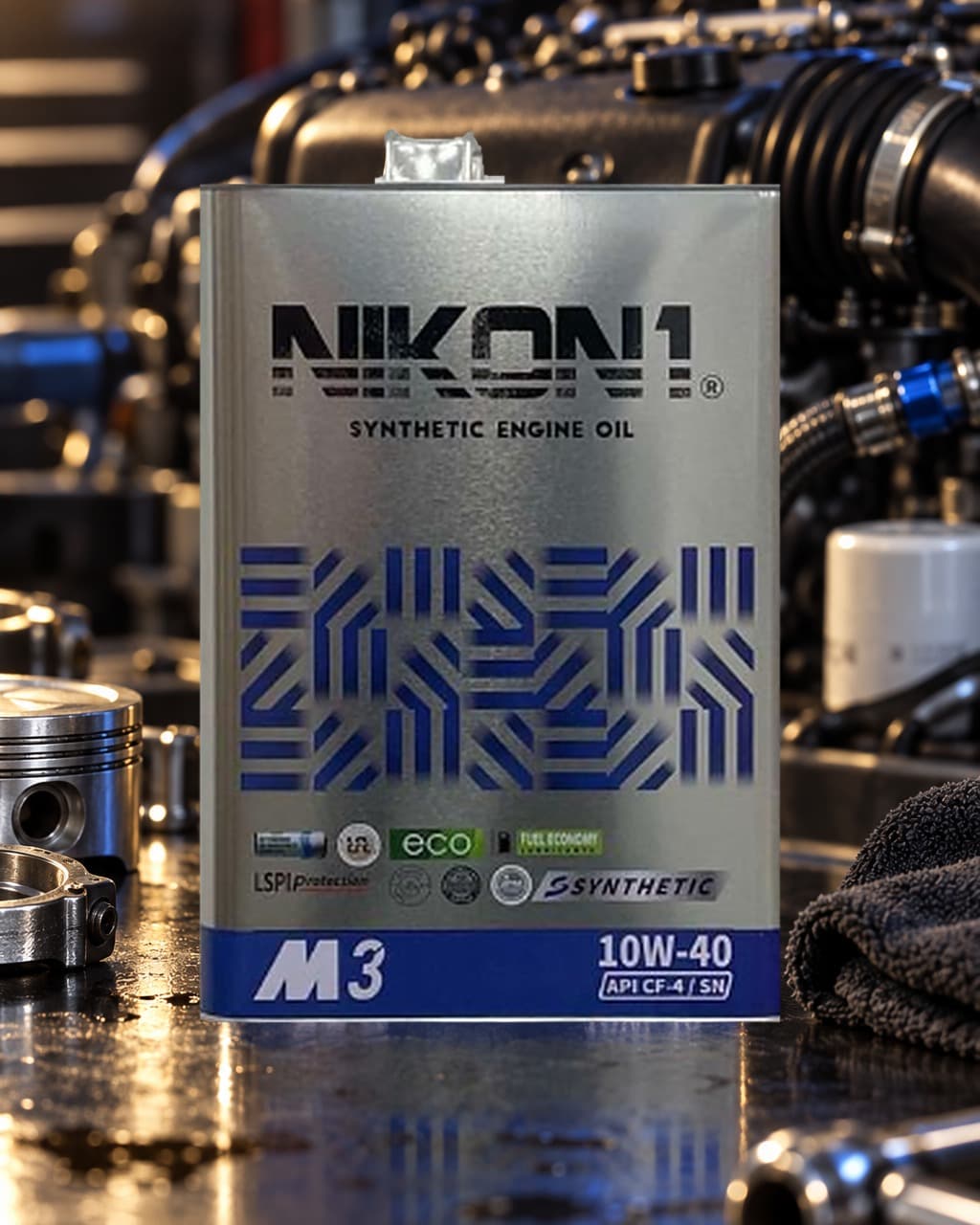 NIKON1 M3 10W-40 synthetic engine oil tin with a blue label band, API CF-4/SN