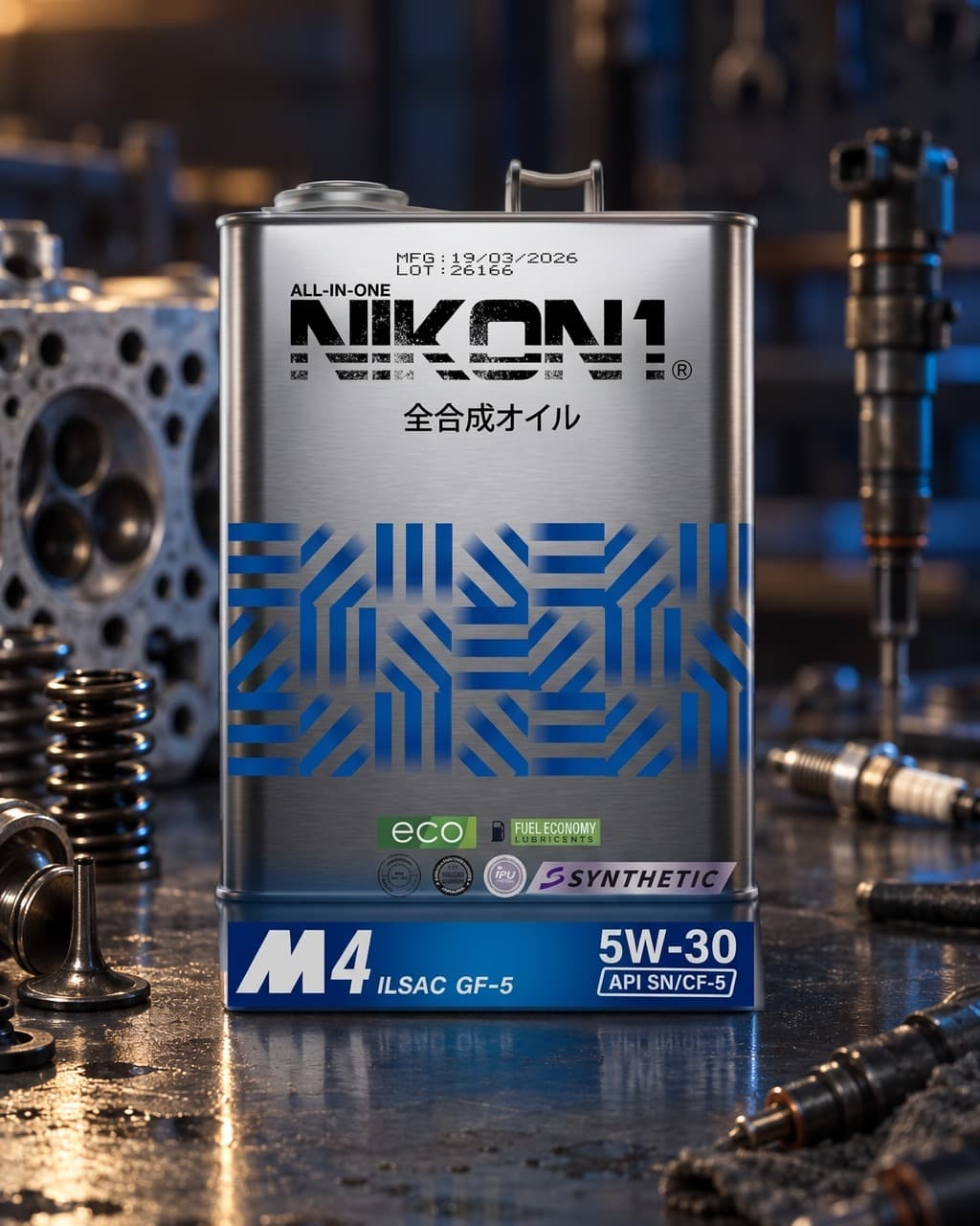NIKON1 M4 All-in-One 5W-30 fully synthetic engine oil tin with a blue label band, ILSAC GF-5, API SN/CF-5