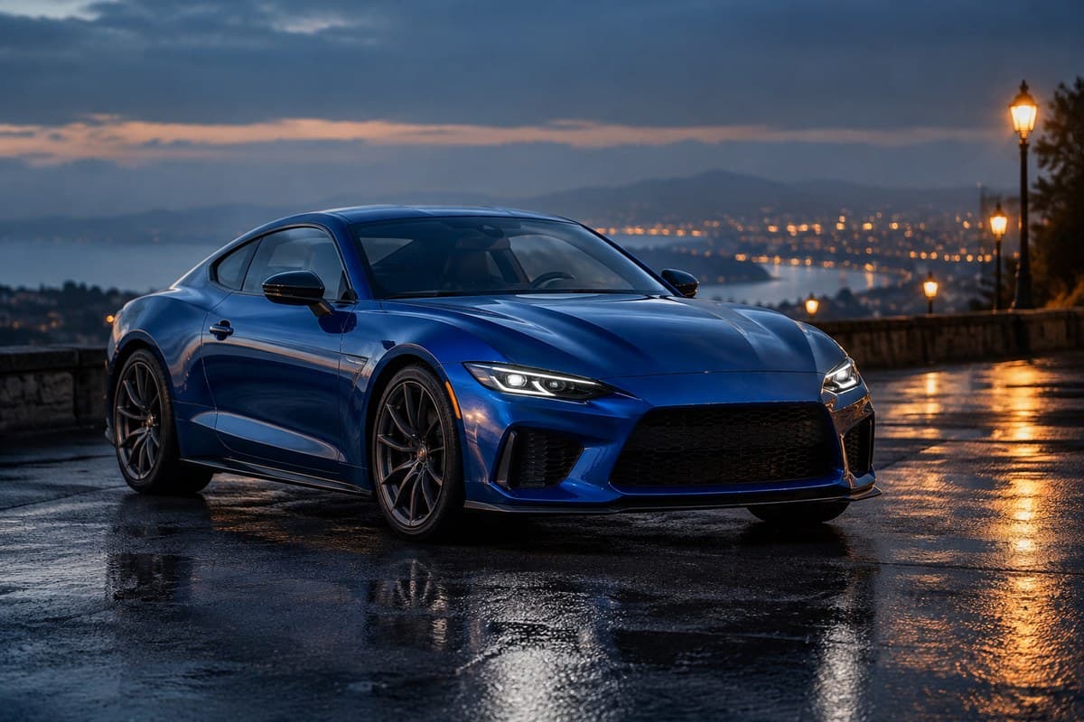A blue sport coupe