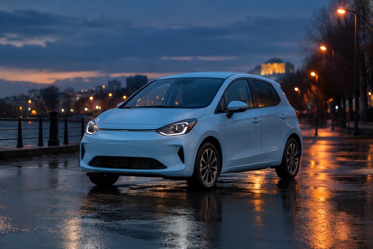 A light blue small hatchback